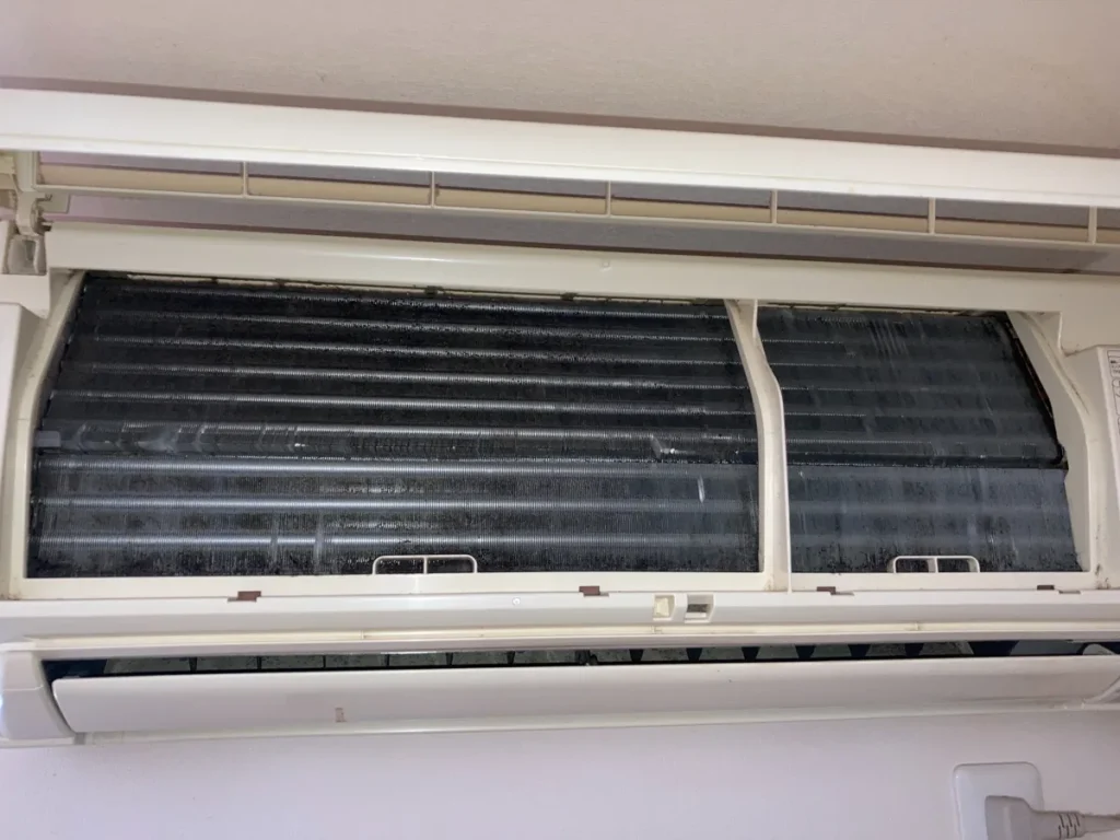 エアコンのフィルターを外して内部の熱交換器を確認している状態