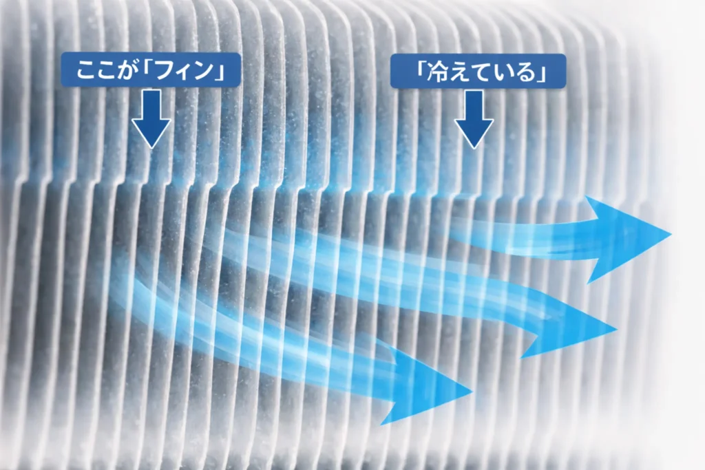 エアコン室内機のフィンが冷えて空気を冷やす仕組みのイメージ図