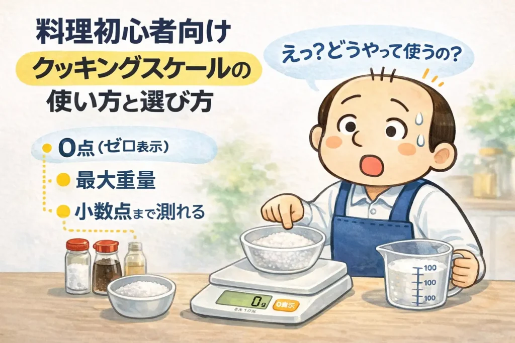 クッキングスケールの使い方と選び方を解説する料理初心者向けイラスト