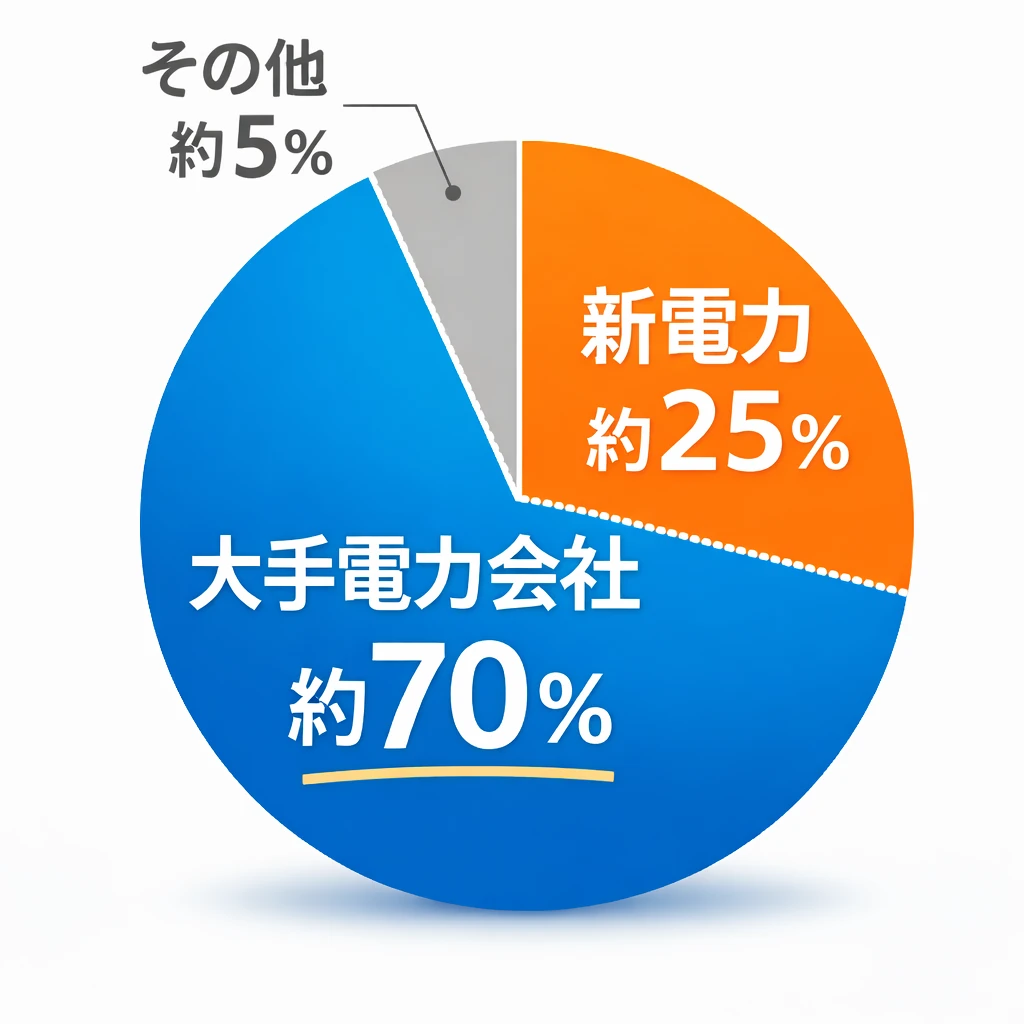 日本の家庭の電気契約割合（大手電力会社約70％、新電力約25％、その他約5％）の円グラフ