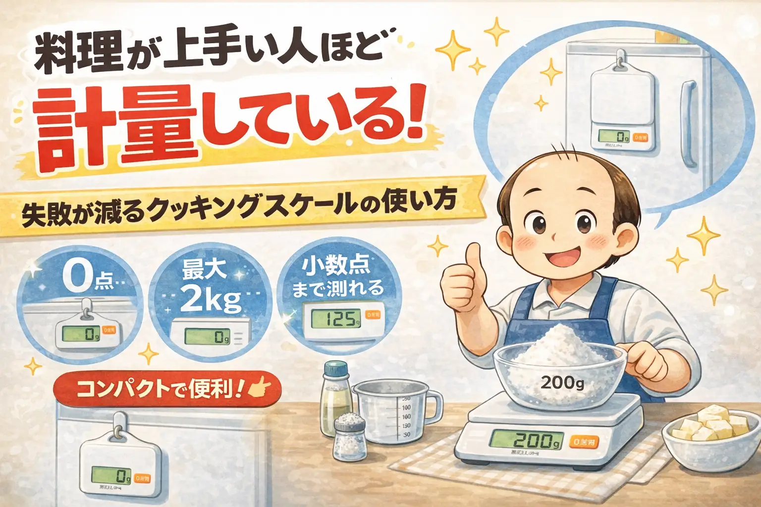 クッキングスケールの使い方と選び方がわかる料理初心者向けイラスト