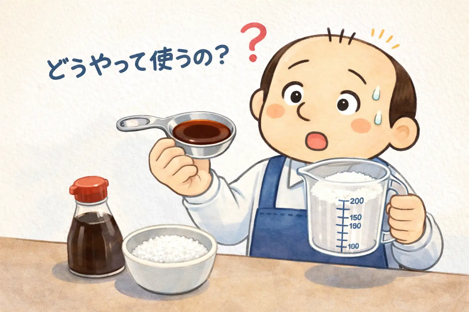 料理初心者が計量スプーンと計量カップの使い方に悩むイラスト