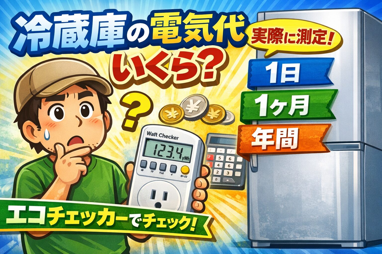 冷蔵庫の電気代をエコチェッカーで測定するゆるおじ