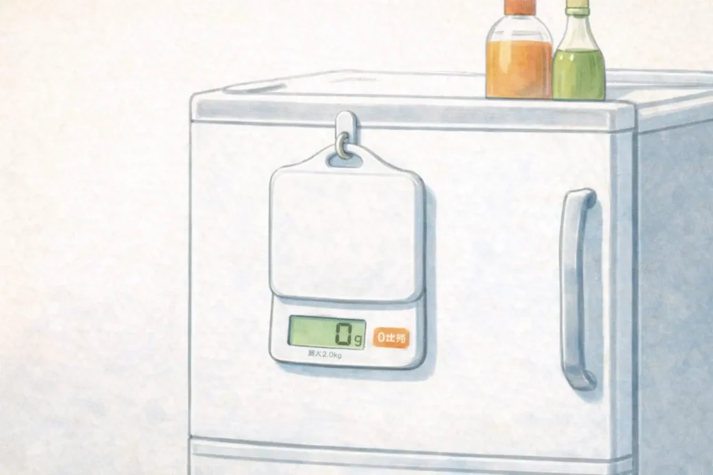 冷蔵庫に掛けて収納できるコンパクトなクッキングスケールのイラスト