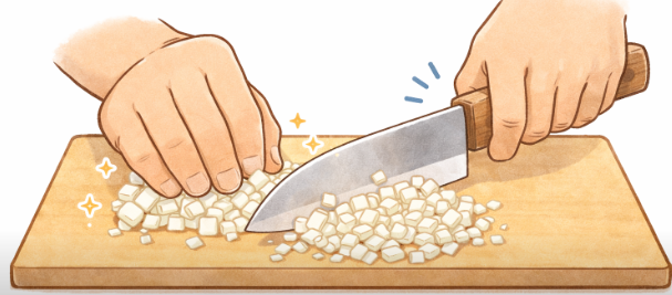 包丁の先を固定してみじん切りをしている手元のイラスト（細かく刻んだ食材）