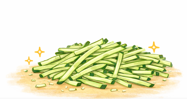 きゅうりを細く均一に切った千切りの完成例のイラスト