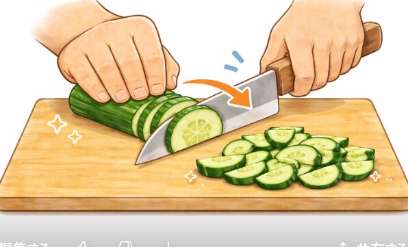 altいきます👇
きゅうりを輪切りにしてから半分に切る半月切りの手元イラスト（工程と完成例）