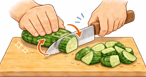 きゅうりを回しながら斜めに切る乱切りの手元イラスト（不規則な形の完成例）