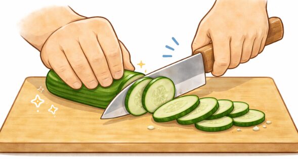 きゅうりを均一な厚さで輪切りにしている手元のイラスト（猫の手で固定）