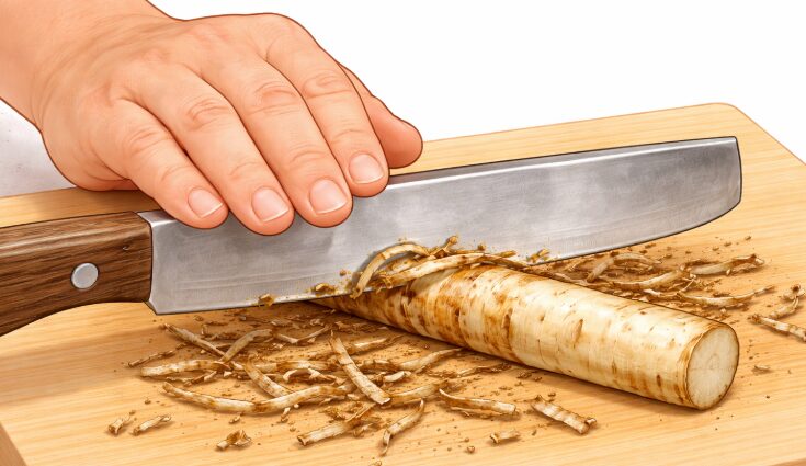 包丁を上下ひっくり返し、背でごぼうの皮をこそげている手元のイラスト