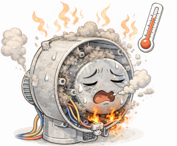 扇風機のモーターがホコリで過熱し故障寸前になっているイメージ