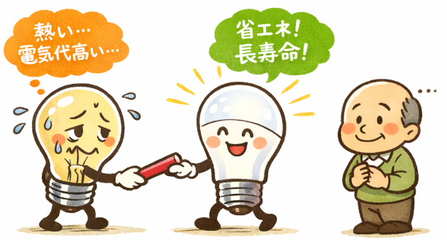 白熱電球をLEDに交換して電気代を節約する方法のイラスト