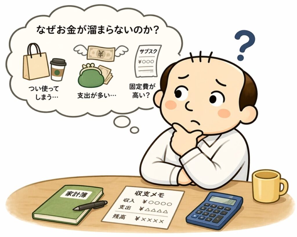 なぜお金が貯まらないのか悩むゆるおじ|家計管理と支出を考えるイラスト