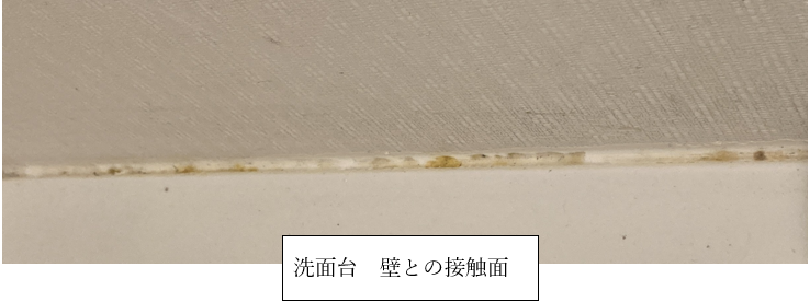 洗面台と壁の接触部分に発生したカビと汚れの様子