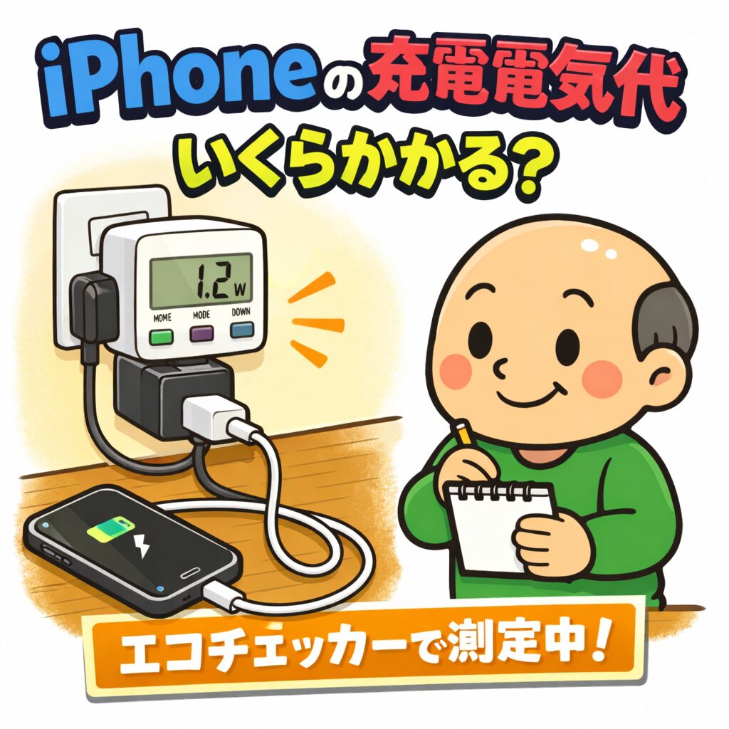 エコチェッカーでiPhoneの充電電気代を測定するゆるおじ