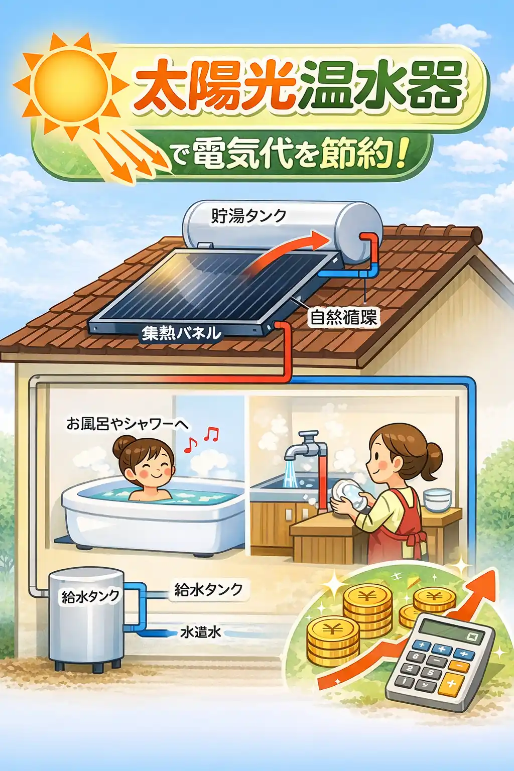 太陽光温水器を利用して家庭の給湯電気代を節約する仕組みイメージ図