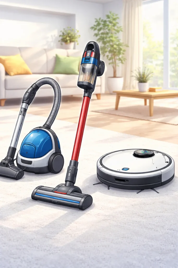 掃除機の電気代を計算するためのキャニスター掃除機・スティック掃除機・ロボット掃除機のイラスト