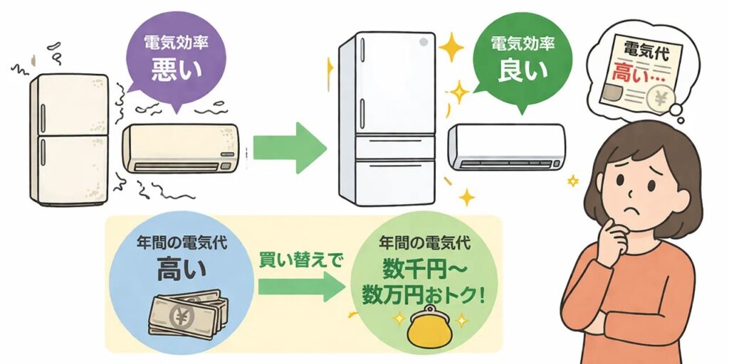 古い冷蔵庫やエアコンと最新家電の電気効率と電気代の違いを示した図