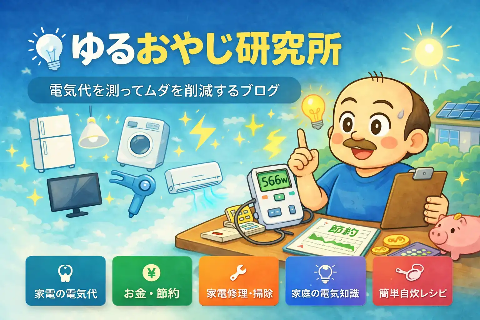 ゆるおやじ研究所のトップ画像｜電気代測定と節約を解説するブログ