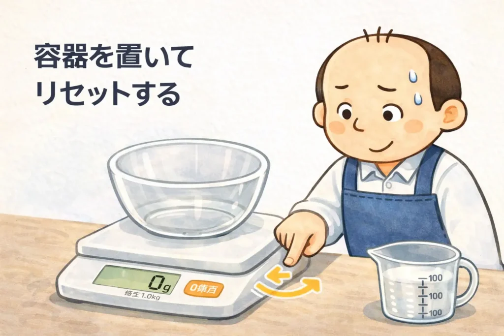 計量器に容器を置いて0点（ゼロ設定）にリセットする方法のイラスト