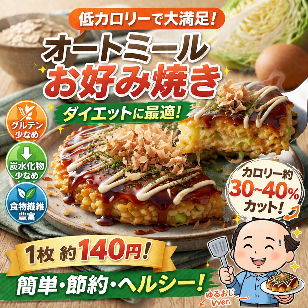 オートミールお好み焼きを紹介する低カロリーで節約できるレシピのゆるおじアイキャッチ画像