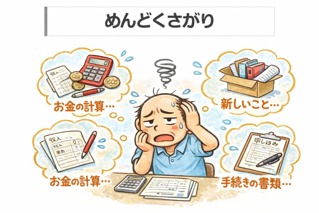 めんどくさがってお金の計算や書類手続きを後回しにして困っているゆるおじのイラスト