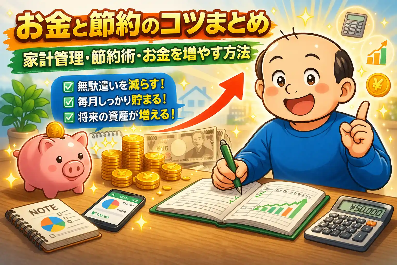 ゆるおじがノートで家計管理しながらお金を貯める方法を解説するイラスト｜節約と貯金のコツまとめ