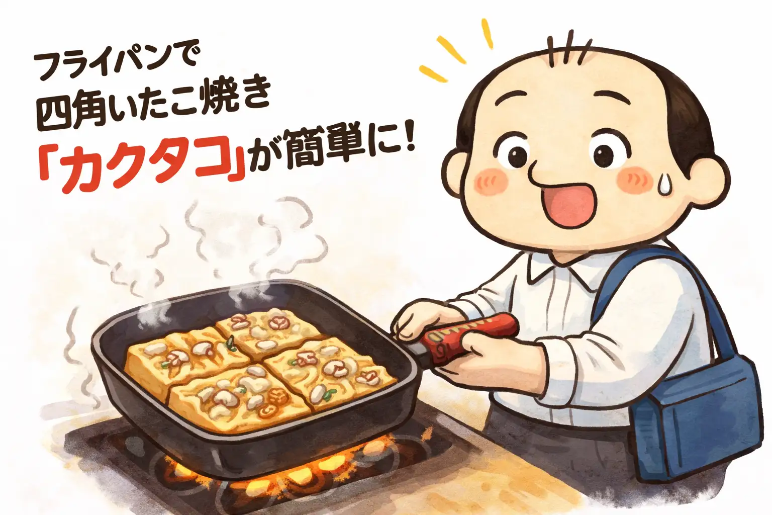 卵焼きフライパンで四角いたこ焼きカクタコを焼くゆるおじのイラスト