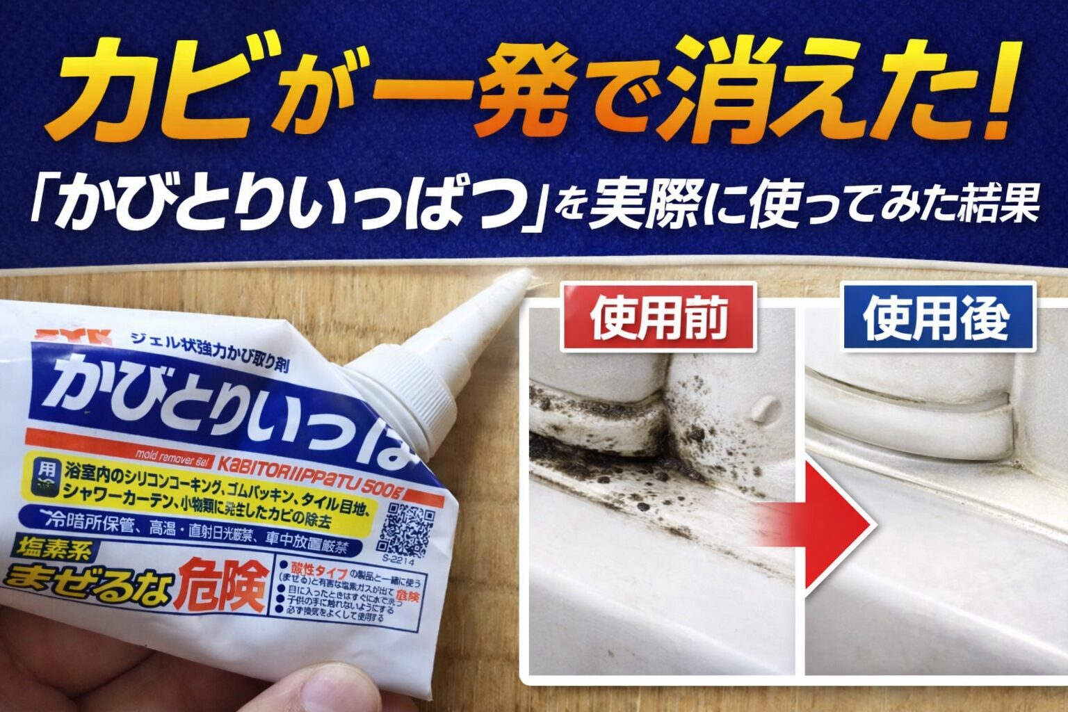 かびとりいっぱつ本体チューブの外観と商品ラベル