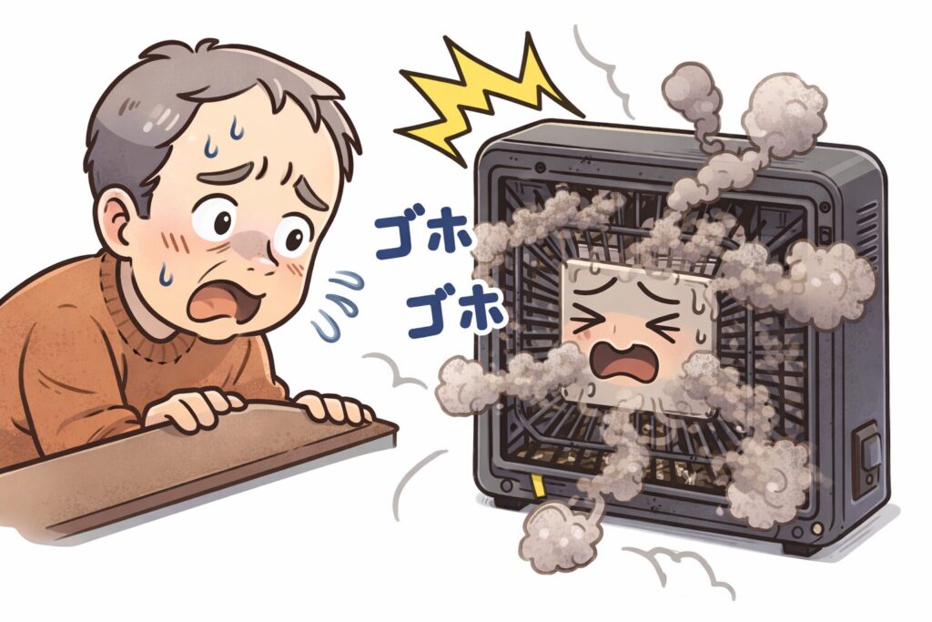 こたつヒーター内部にホコリが溜まり異臭や発煙リスクがある状態のイラスト