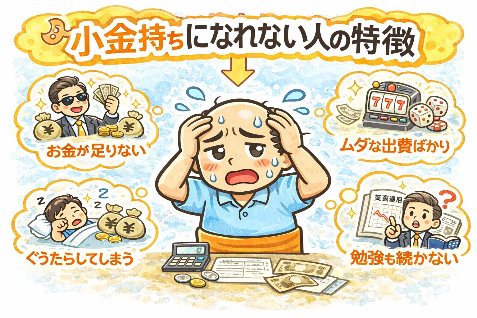 小金持ちになれない人の特徴を悩むゆるおじのイラスト（浪費・ぐうたら・勉強しない・無駄遣い）