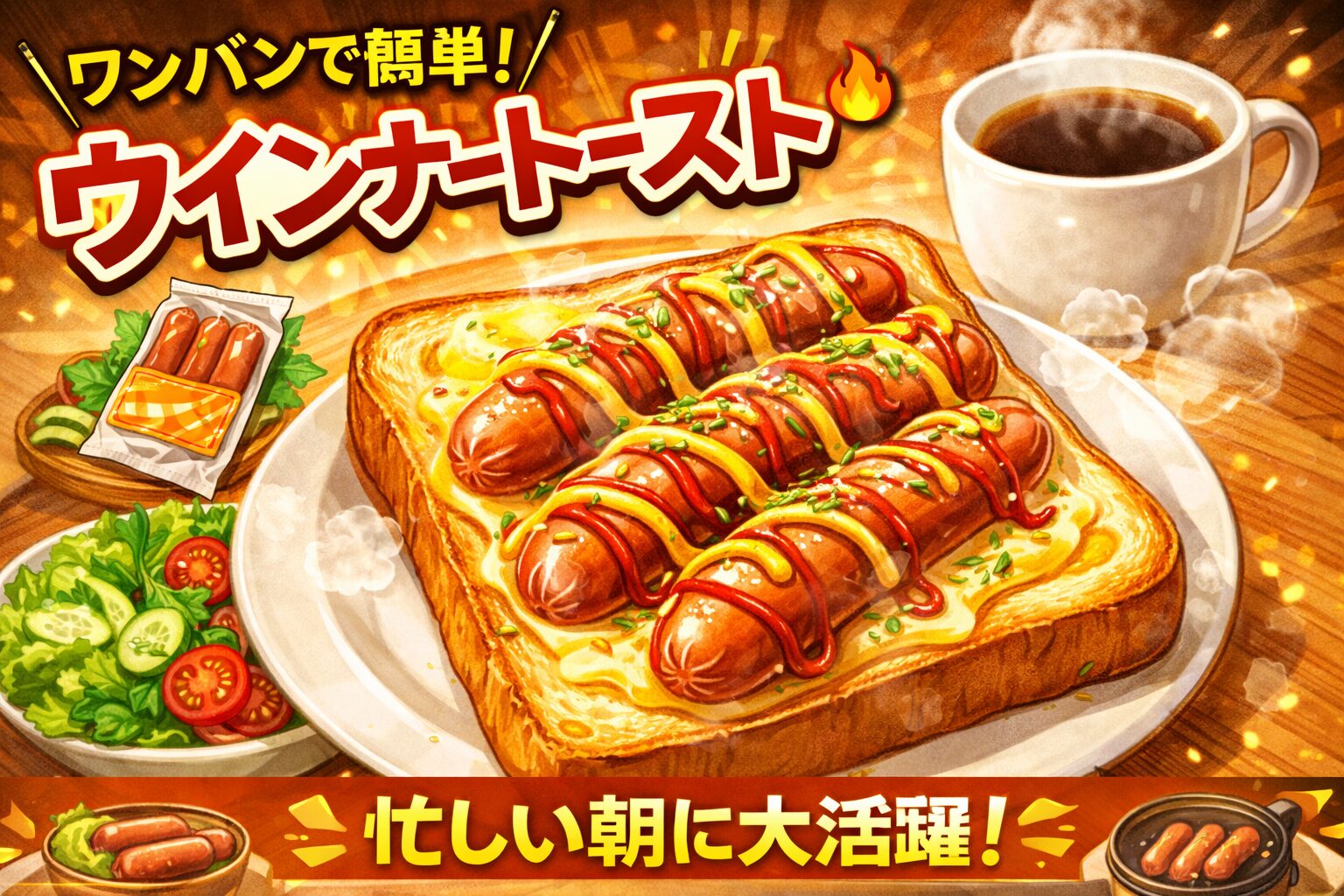 ウィンナーをのせて焼いたウィンナートーストを紹介するアイキャッチイラスト