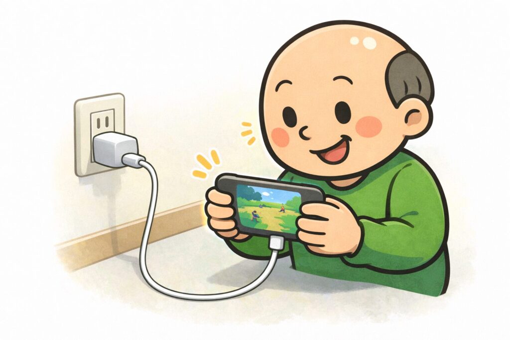 充電しながらスマートフォンを使うゆるおじ（バッテリー消費の例）