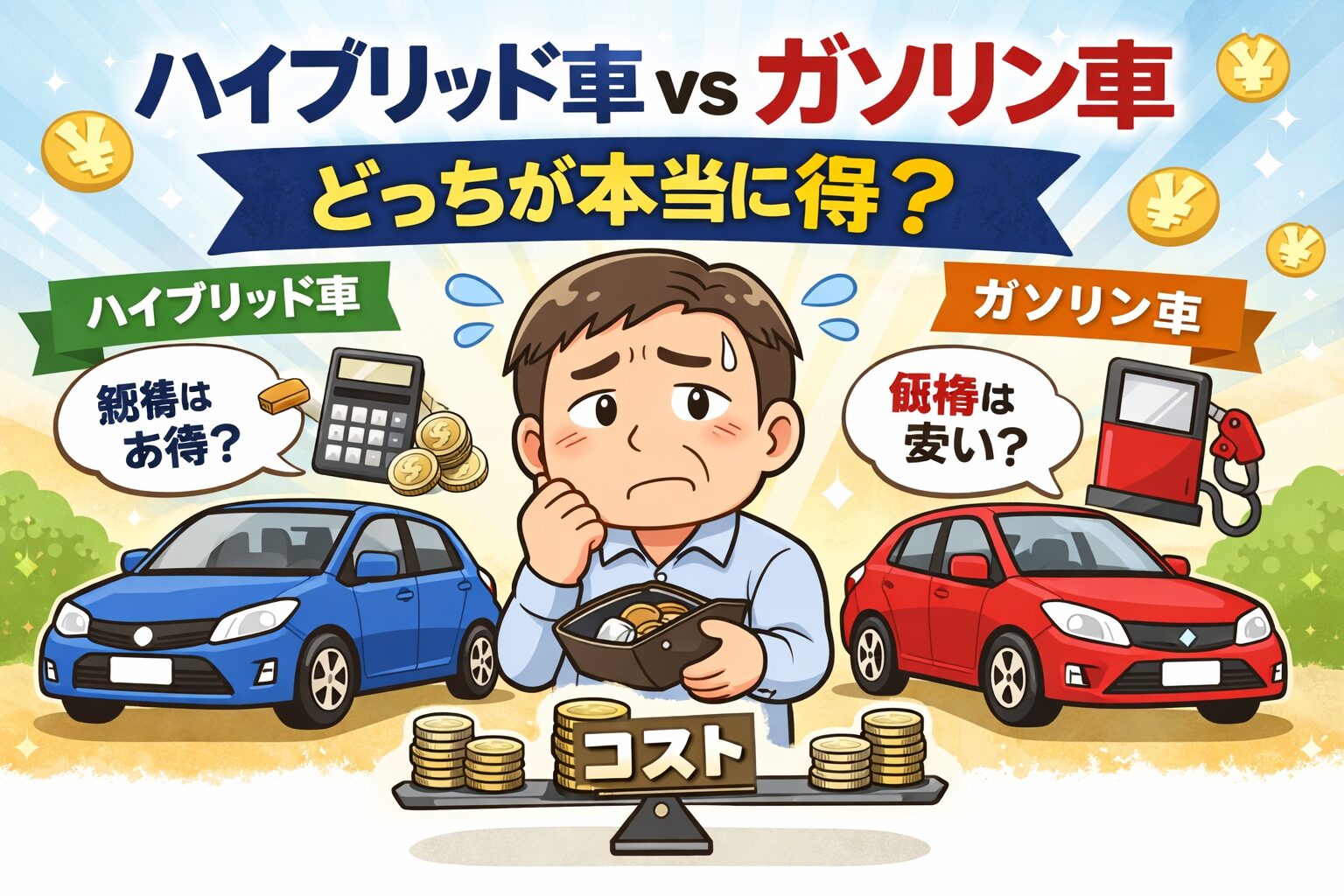 ハイブリッド車とガソリン車のコストを比較して悩むゆるおじのイラスト