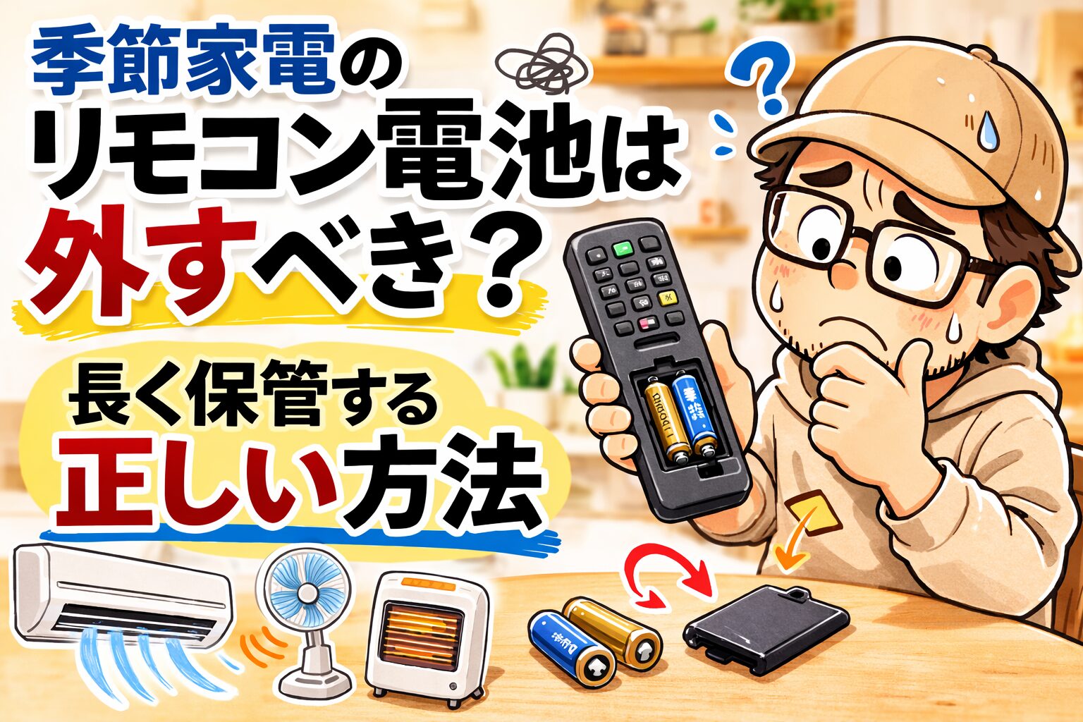 季節家電のリモコンから電池を外して保管する方法を考えるゆるおじ