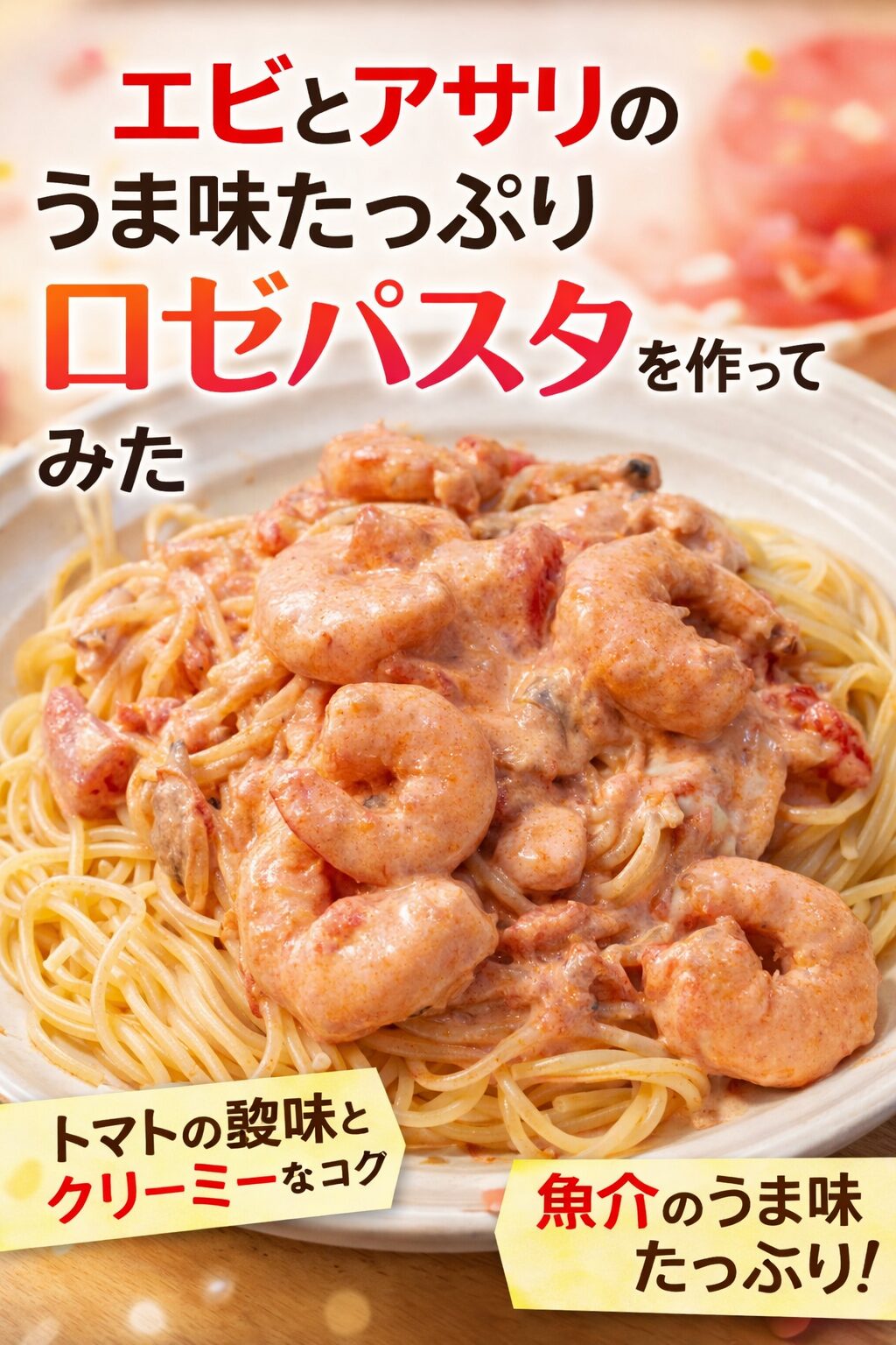 エビとアサリのロゼパスタの完成写真。トマトクリームソースが絡んだシーフードパスタ