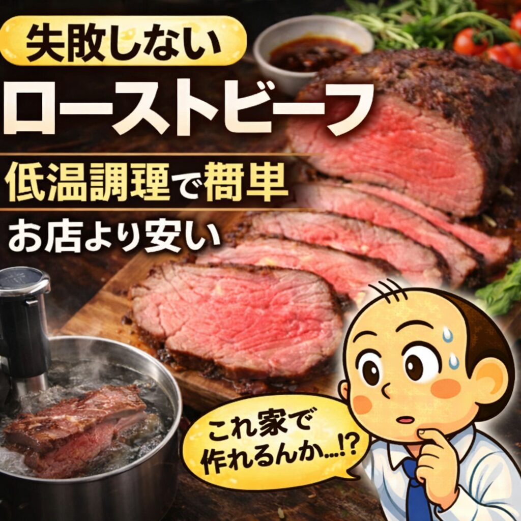 低温調理で作るローストビーフと、作れるか悩むゆるおじのイラスト