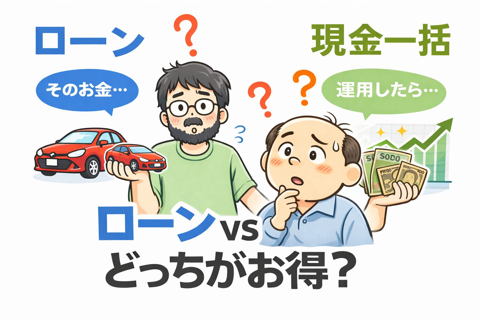 ローンと現金どちらが得か悩むゆるおじのイラスト（車購入と資産運用の比較）