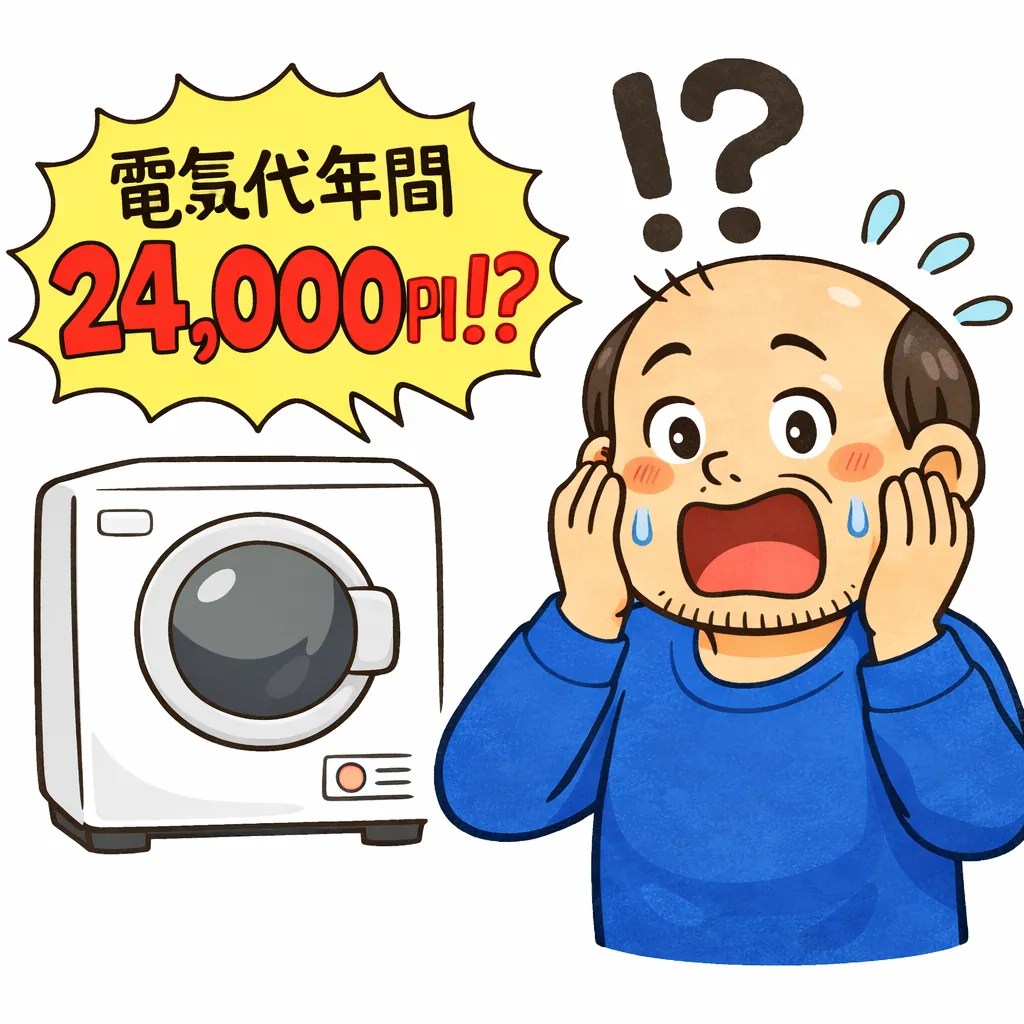 ゆるおじが洗濯機の電気代年間24000円に驚いているイラスト|家電の電気代節約
