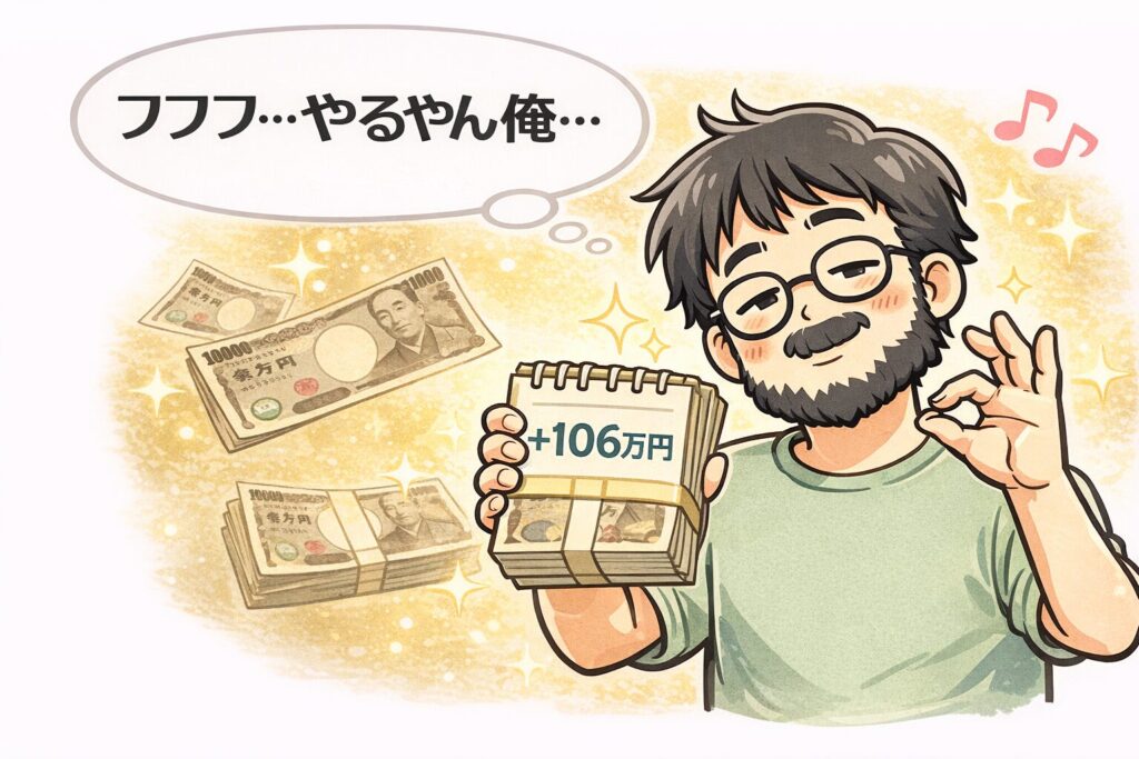 フルローンと投資で資産が106万円増え満足するゆるおじのイラスト