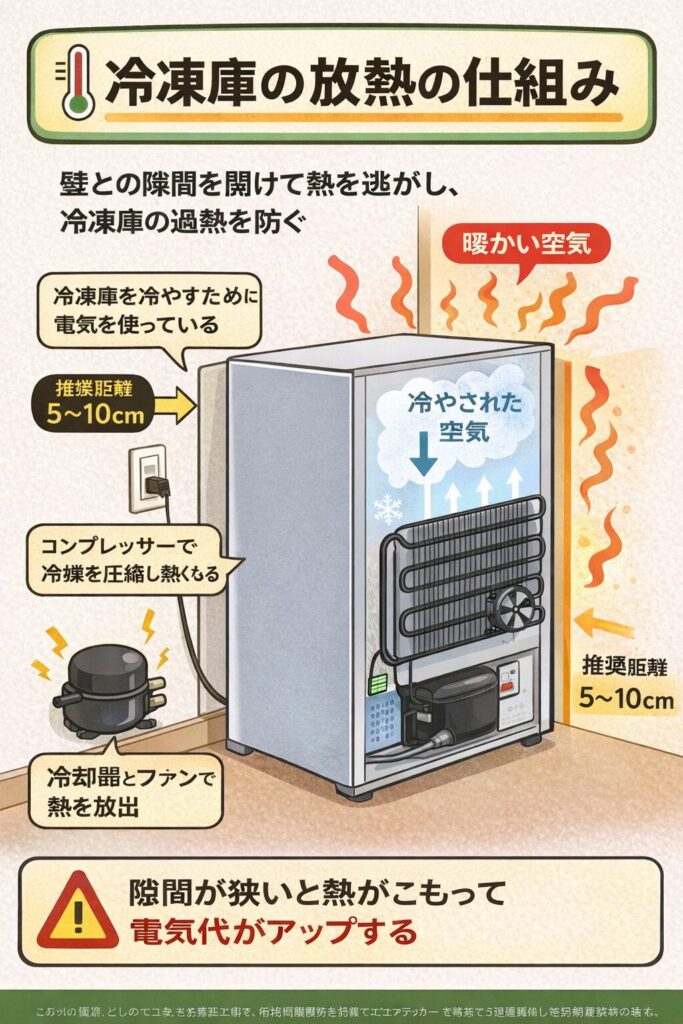 冷凍庫の放熱の仕組みと壁との隙間が必要な理由を解説した図（背面から熱を逃がす構造）