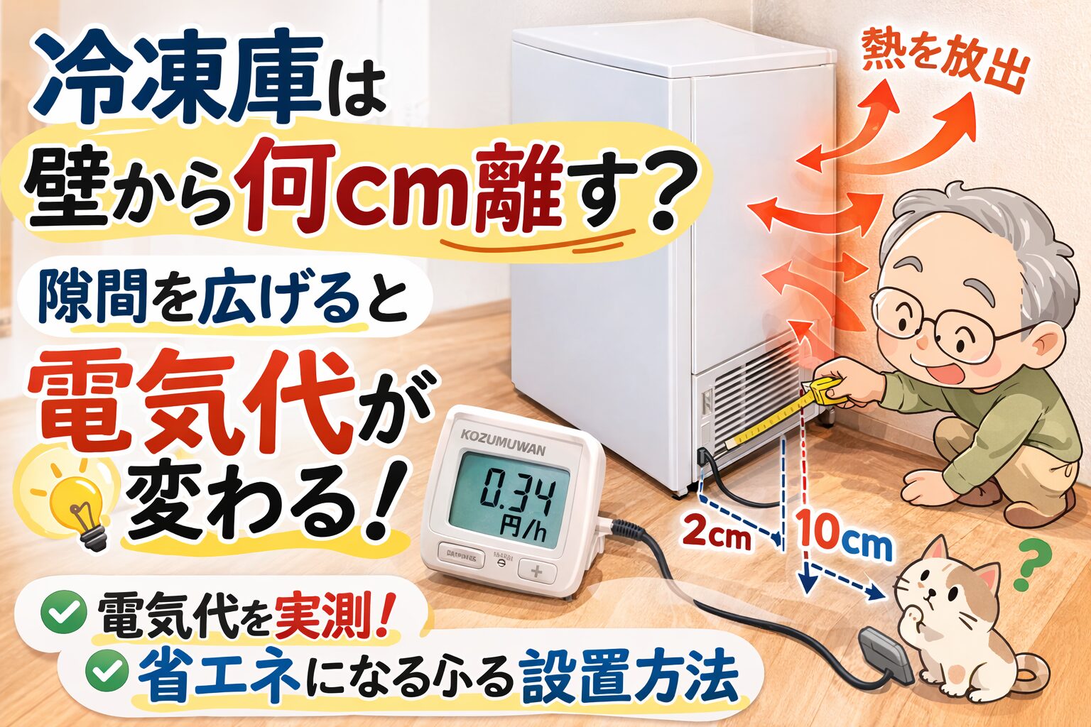 冷凍庫と壁の隙間を広げると電気代が変わる仕組みを説明したアイキャッチ（エコチェッカーで電気代を測定）