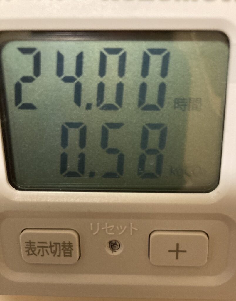 エコチェッカーで冷蔵庫の消費電力量（kWh）を測定した表示