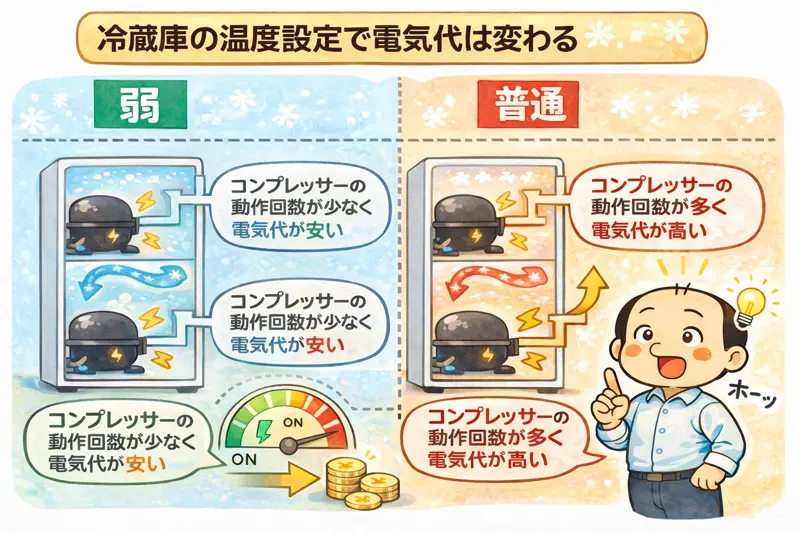 冷蔵庫の温度設定（弱と普通）でコンプレッサーの動きと電気代の違いを比較した図