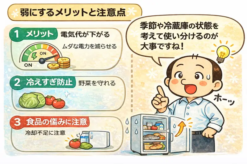 冷蔵庫の温度設定を弱にした場合の電気代節約効果と注意点をまとめた解説図