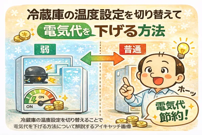 冷蔵庫の温度設定（弱と普通）で電気代を節約する方法を解説したイメージ
