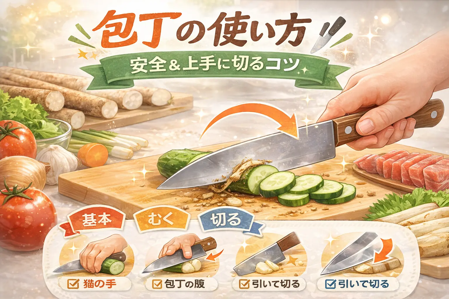 包丁の使い方を解説するアイキャッチ画像（持ち方・切り方・安全な使い方）