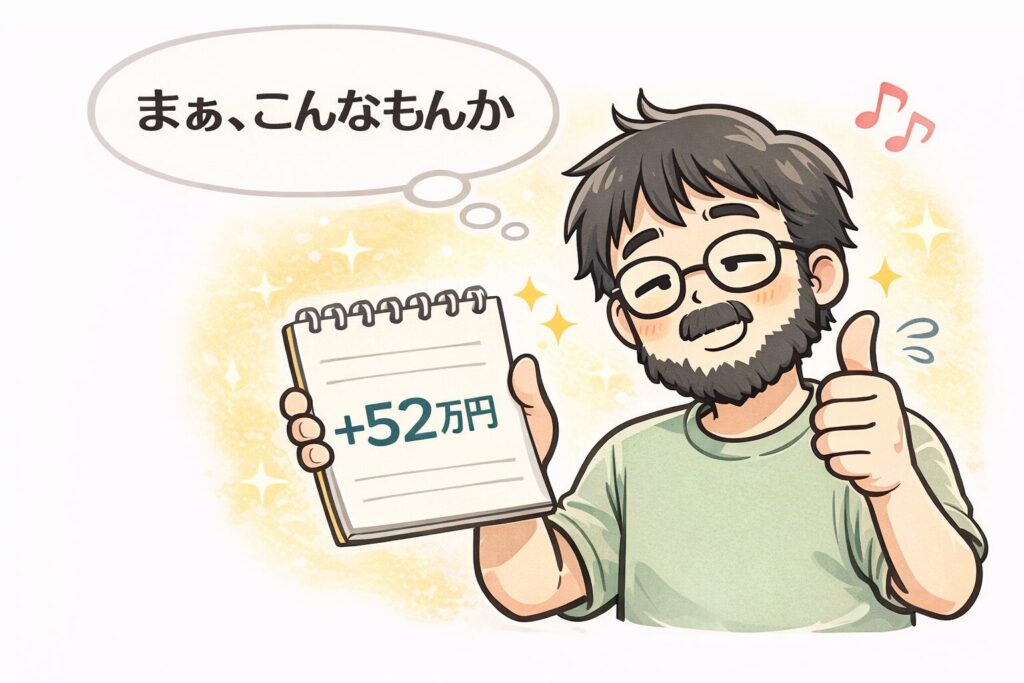 半分ローンで資産が約52万円増えバランスの良さに満足するゆるおじのイラスト