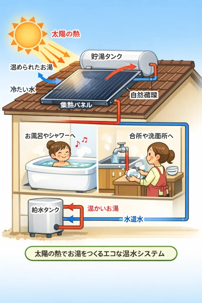 太陽光温水器による給湯と電気代節約の仕組みイメージ