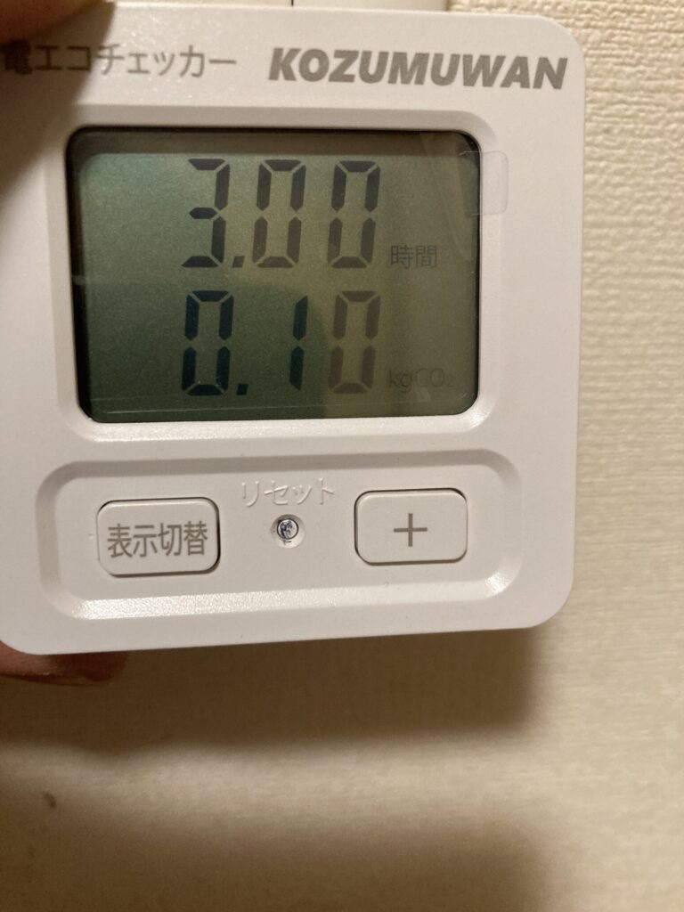 冷凍庫の電気代をエコチェッカーで測定した表示（約3.00円/時間の電気代）